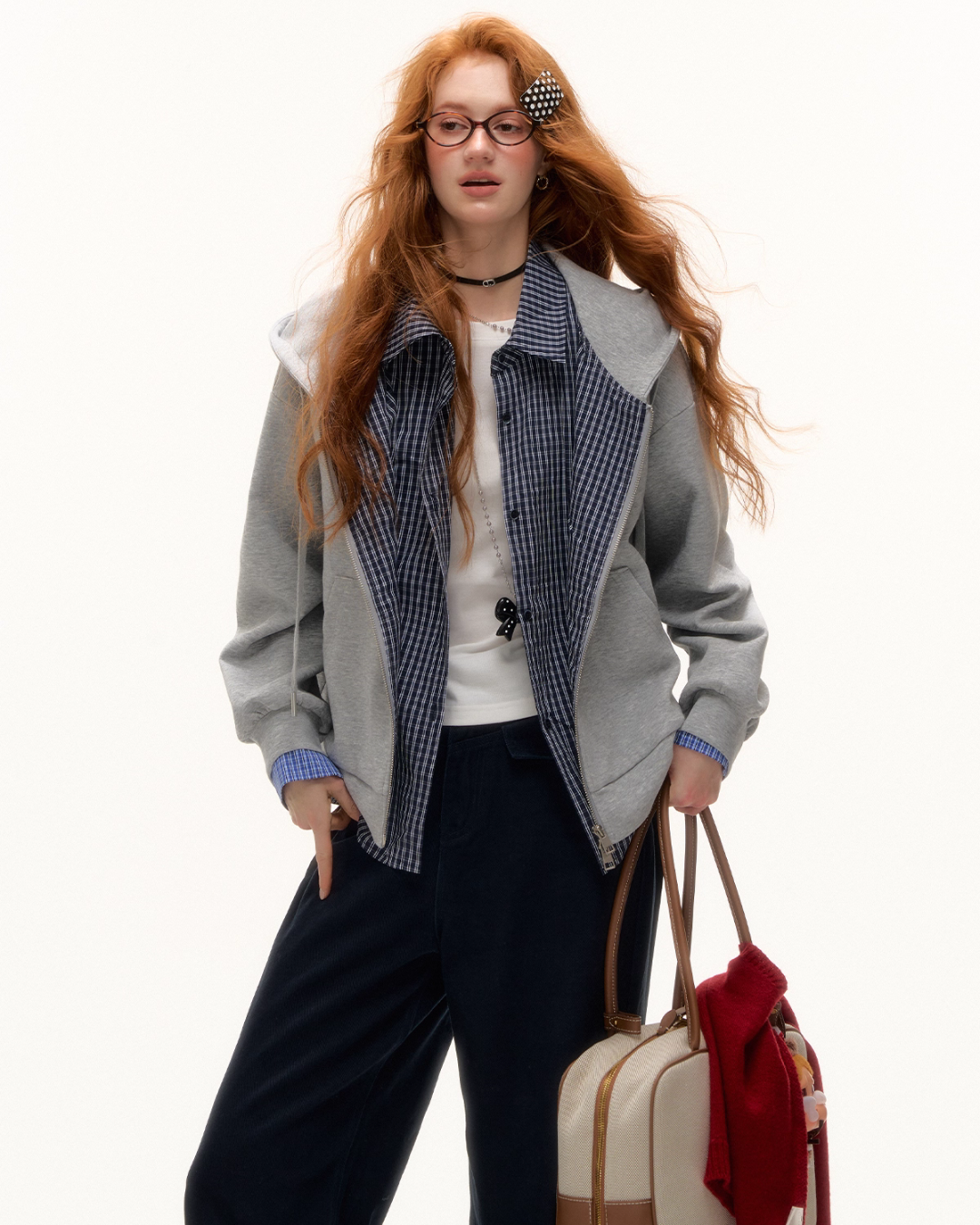 Plaid Spliced Hood Hoodie / Mini Skirt / Flare Pants ASG0066