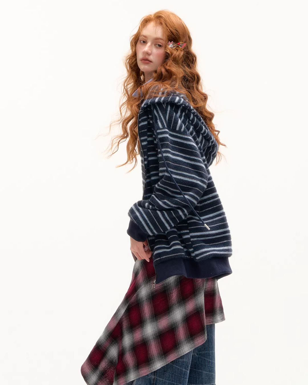 Striped Cat Ear Hoodie / Layered-Style Design Shirt ASG0076