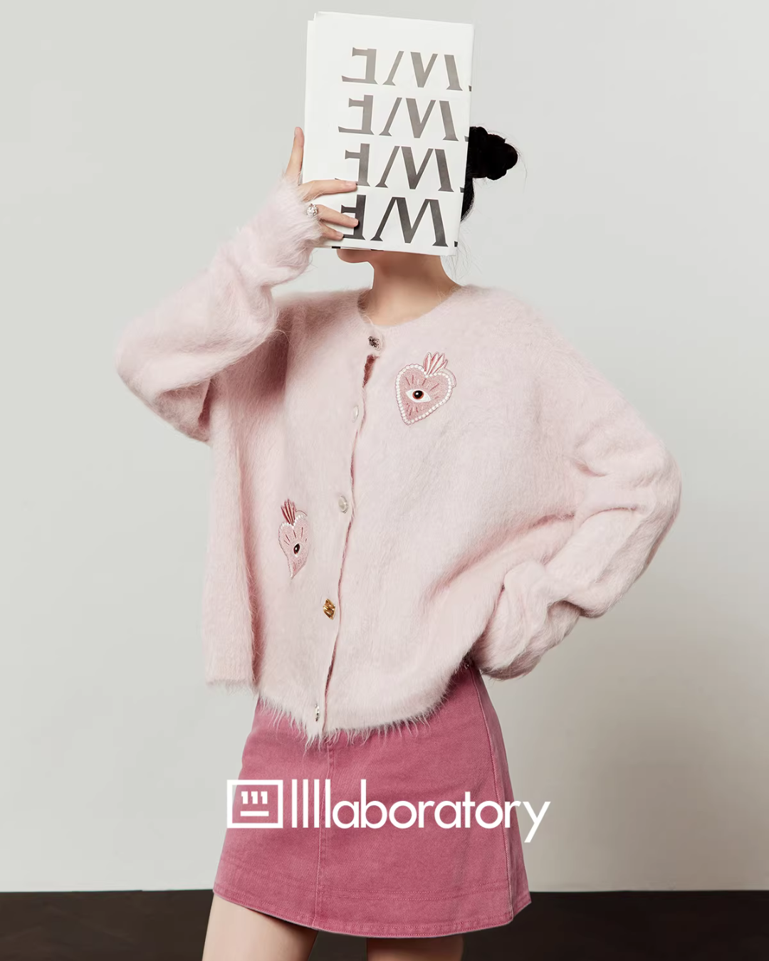 Heart Patch Shaggy Knit Cardigan / Pink Mini Skirt LLA0592