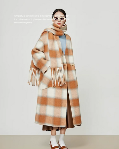 Retro Contrast Paid Long Coat / Muffler LLA0368