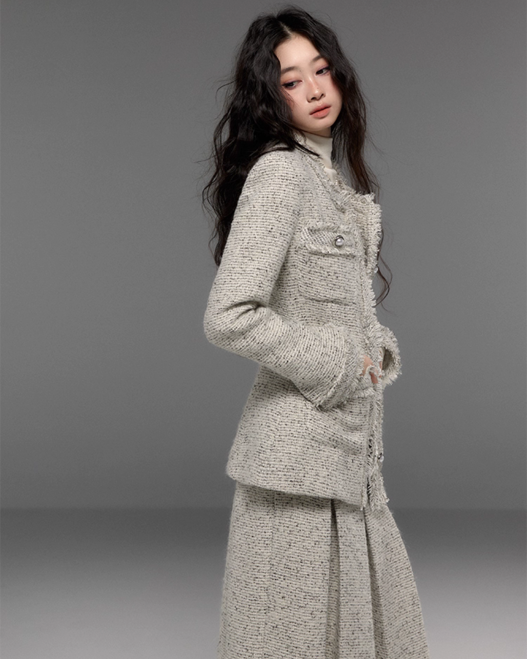 Tweed No-Collar Coat / Shorts / Knee Length Skirt TRK0006