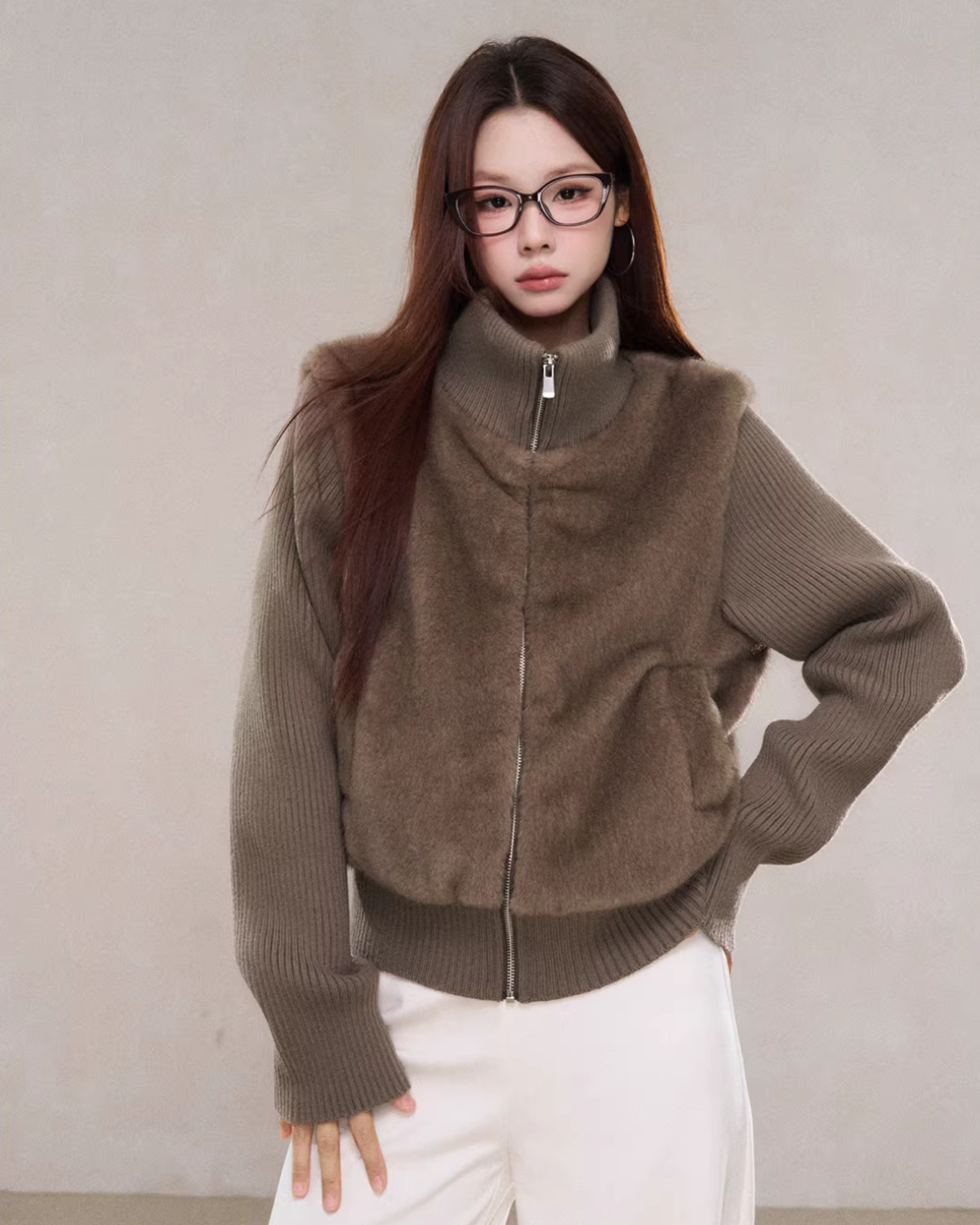 Stand Collar Fur Knit Jacket WDB0005