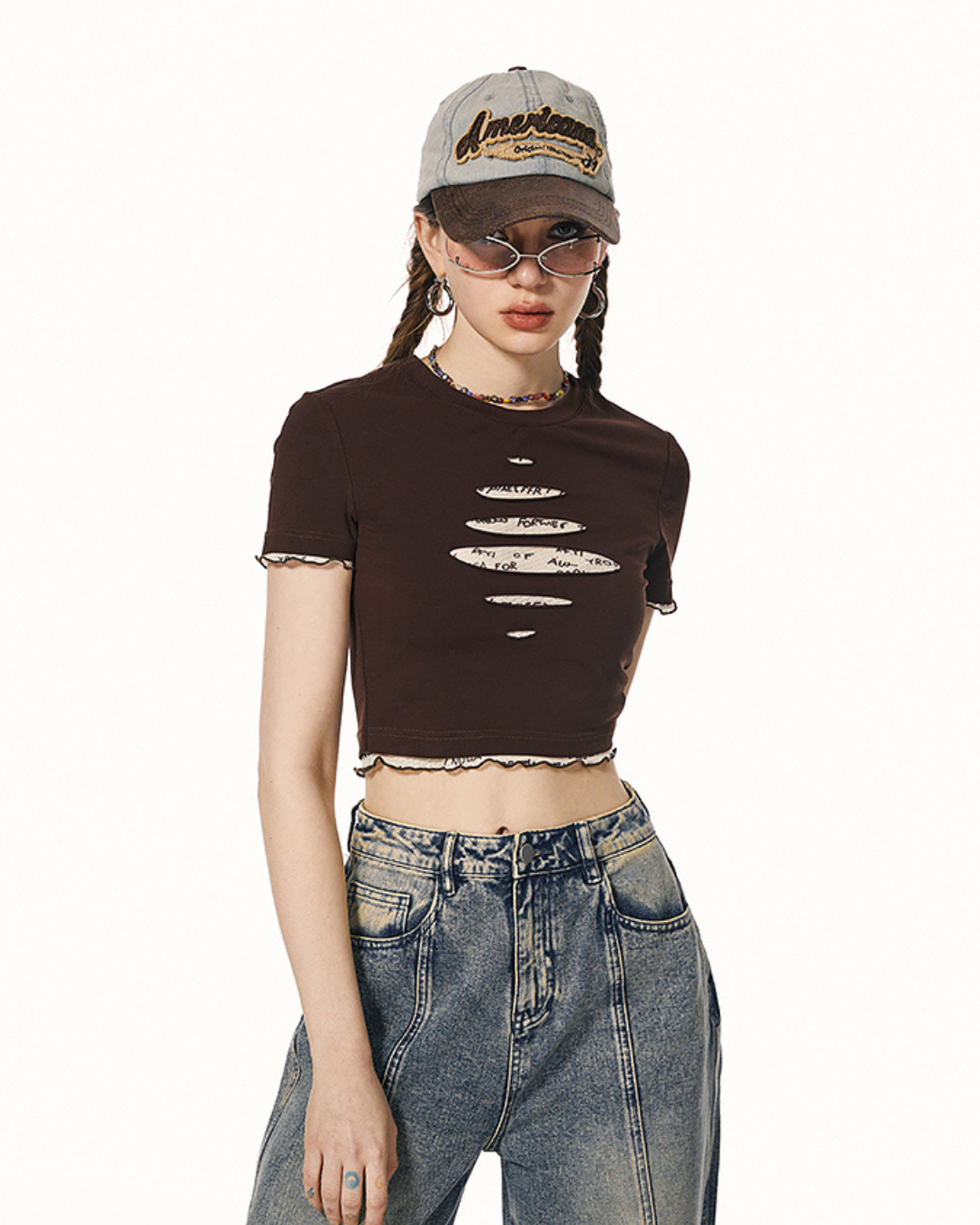 American Layered Style Cropped T-Shirt IMO0066