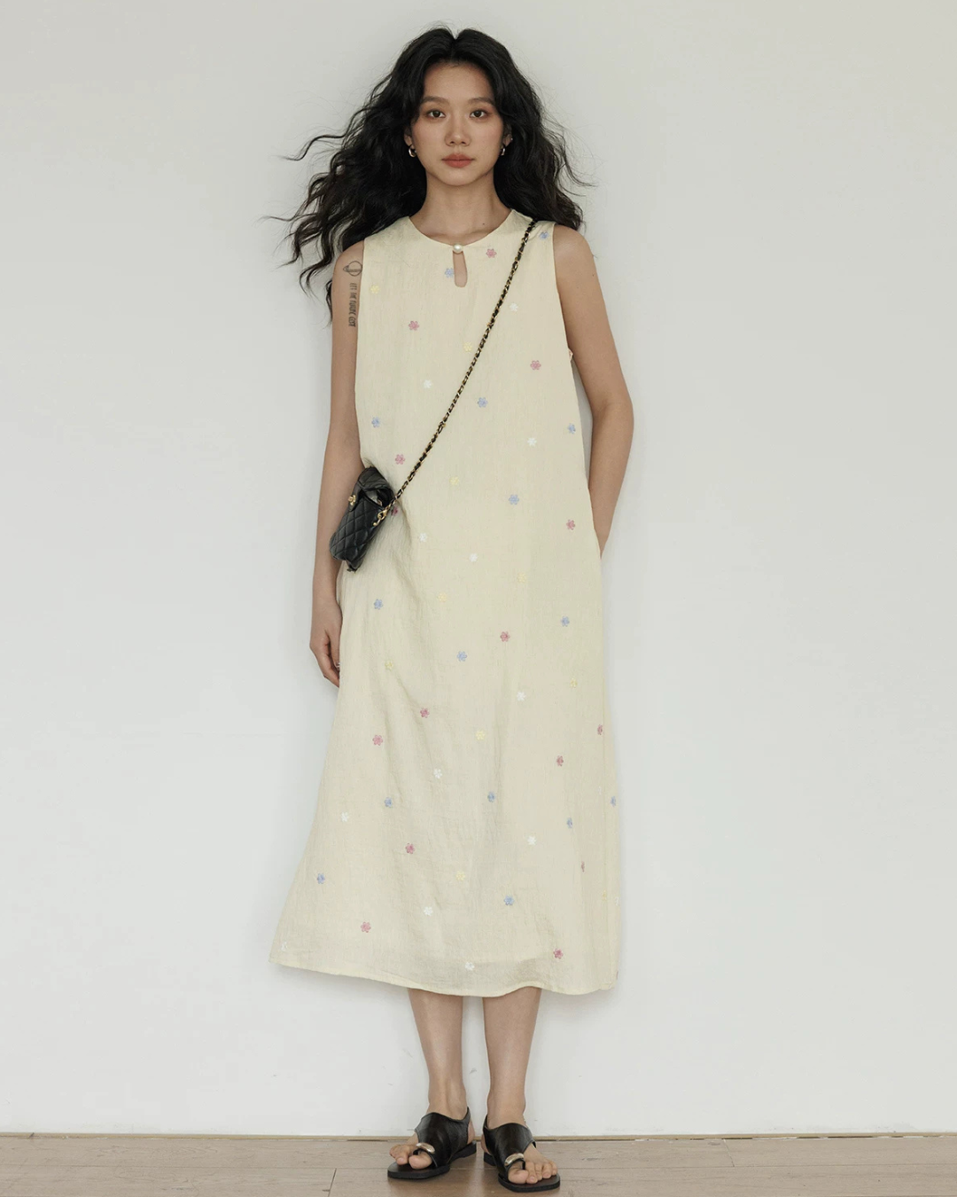 Flower Embroidery Pearl Button Long Dress VAS0203