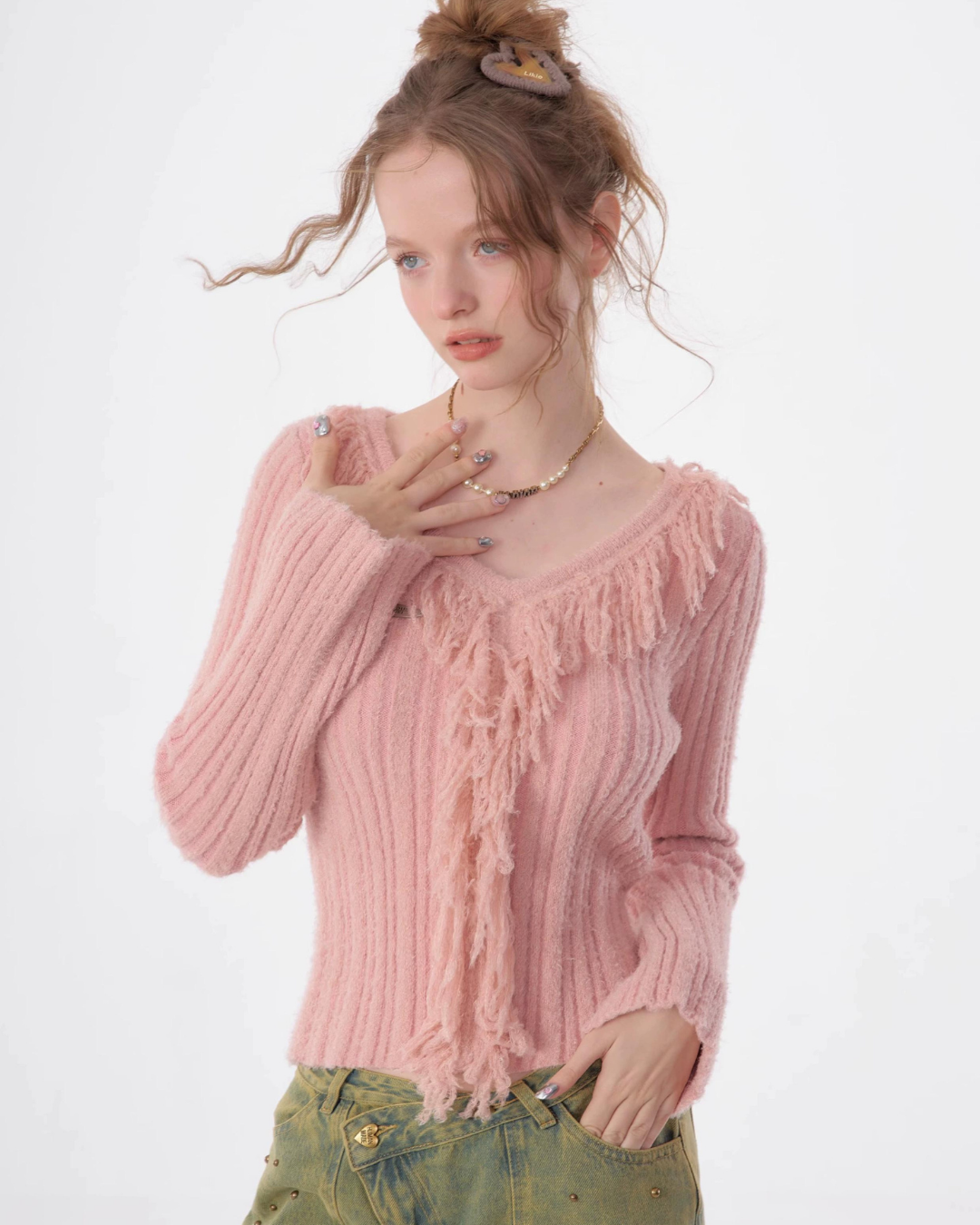 Ruffled Slim Fit V Neck SweaterZZF0327