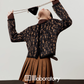 Leopard Round Neck Cardigan / Caramel Pleated Skirt LLA0553
