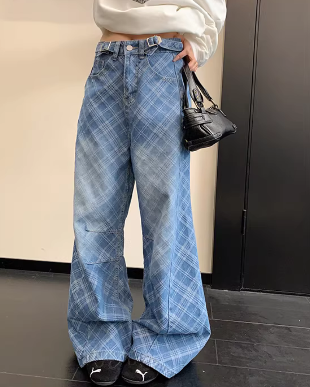 Plaid Wide-Leg Jeans YLS1019