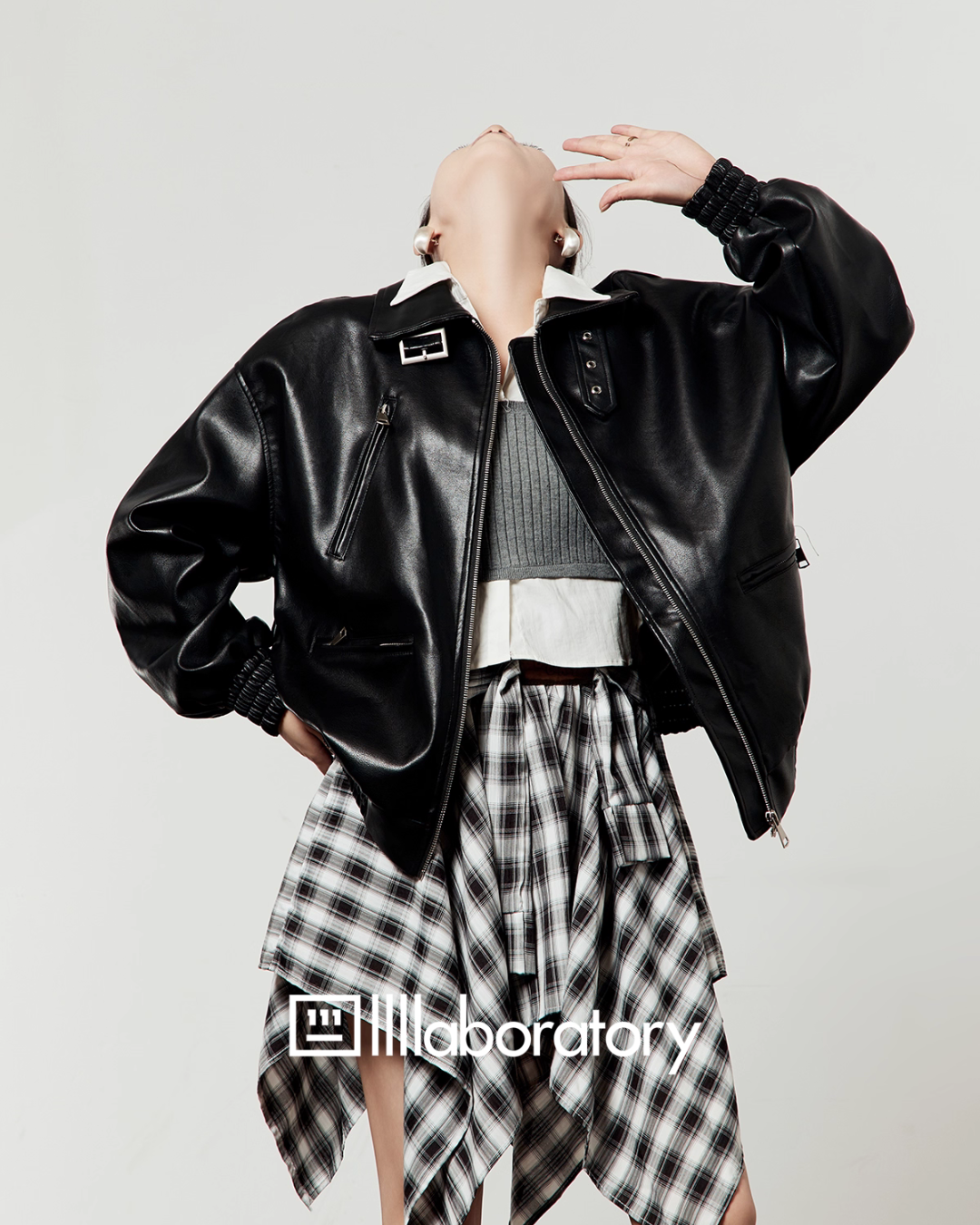 Vintage Leather Jacket / Asymmetrical Check Skirt LLA0528