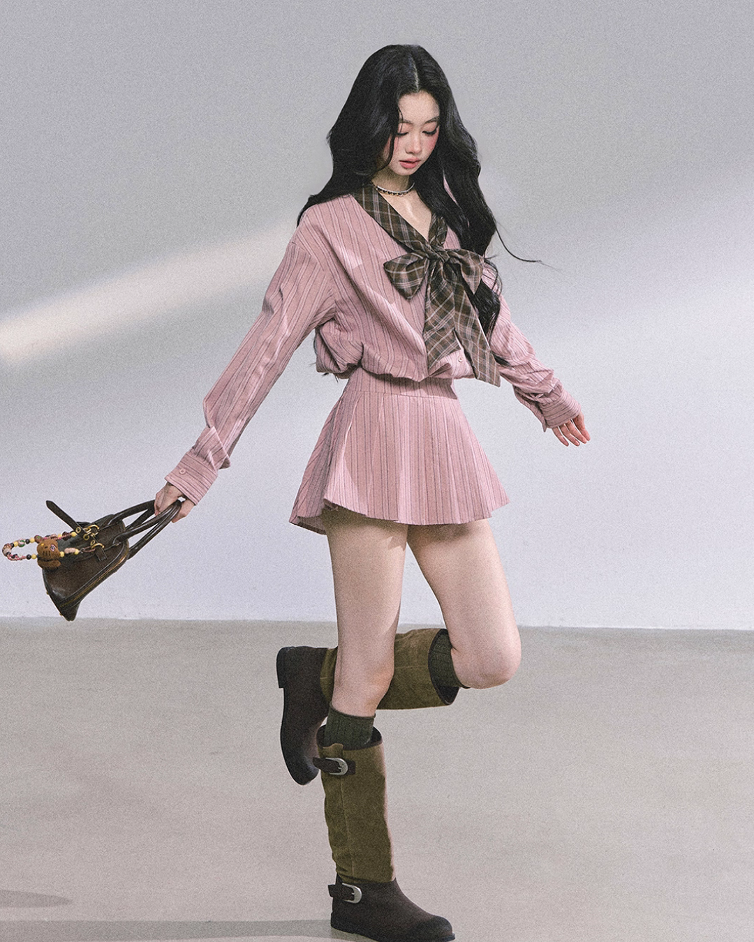 French Stripe Long-Sleeve Shirt Dress LAS0038