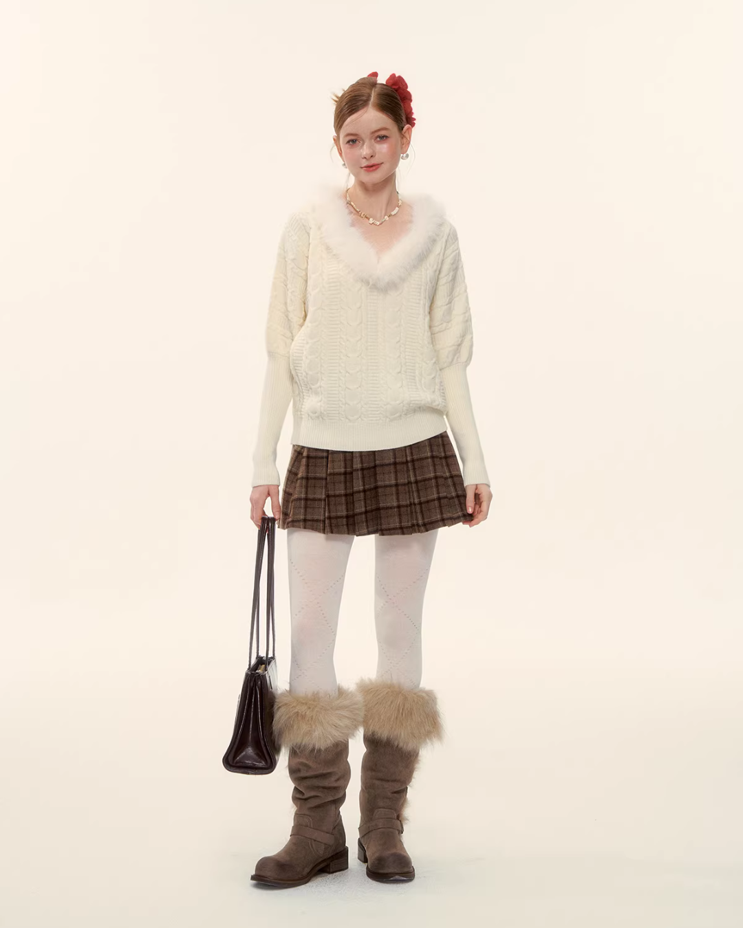 Fur Collar Cable Knit Top ASG0077