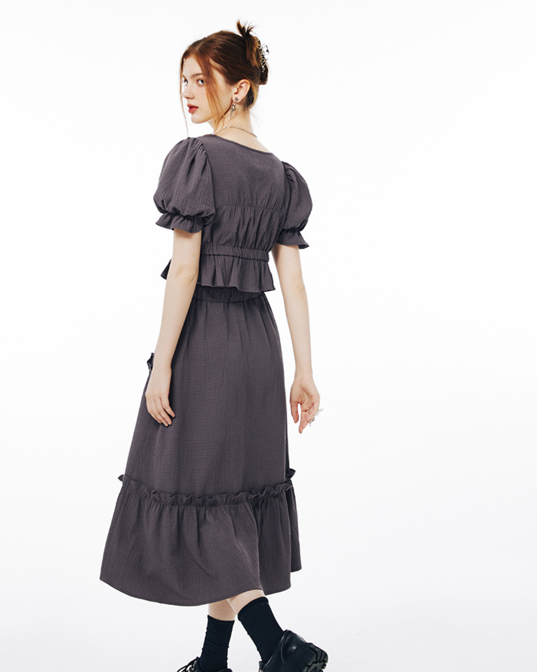 Balloon Sleeve Ruffle Dress IMO0065