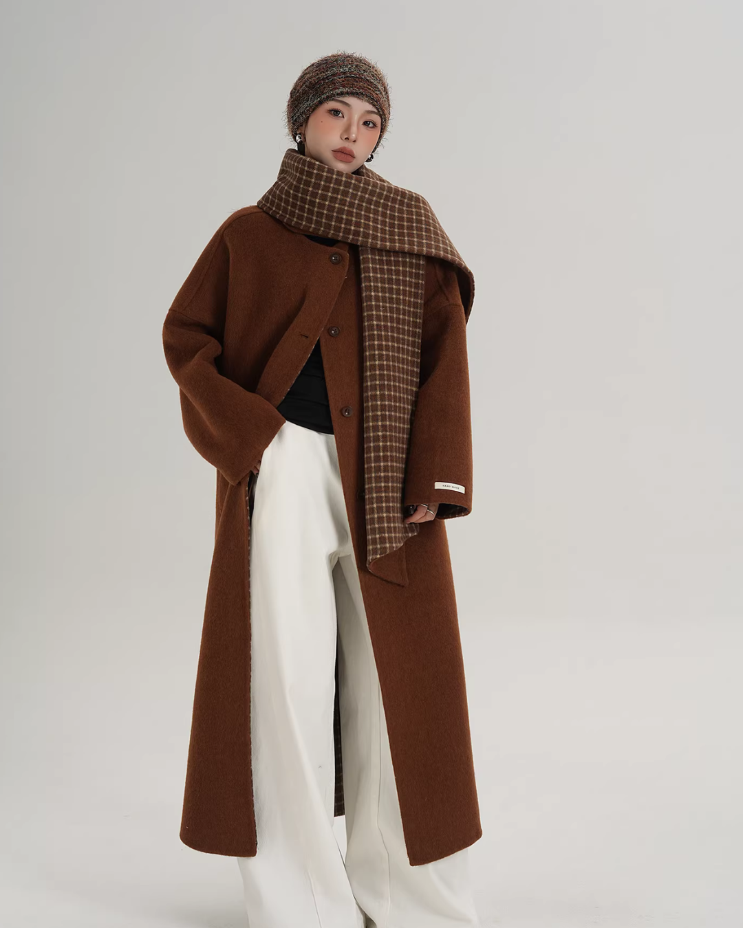 Collarless Coat with Checkered Scarf SRS0405