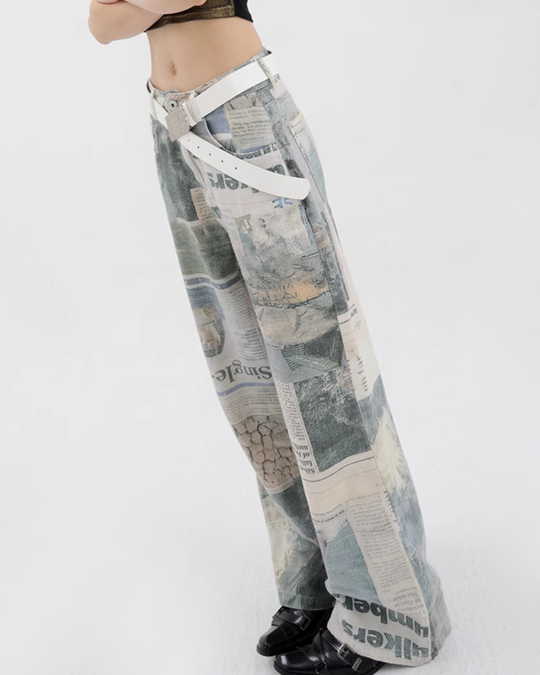 News Paper Print Wide Pants KNH0005