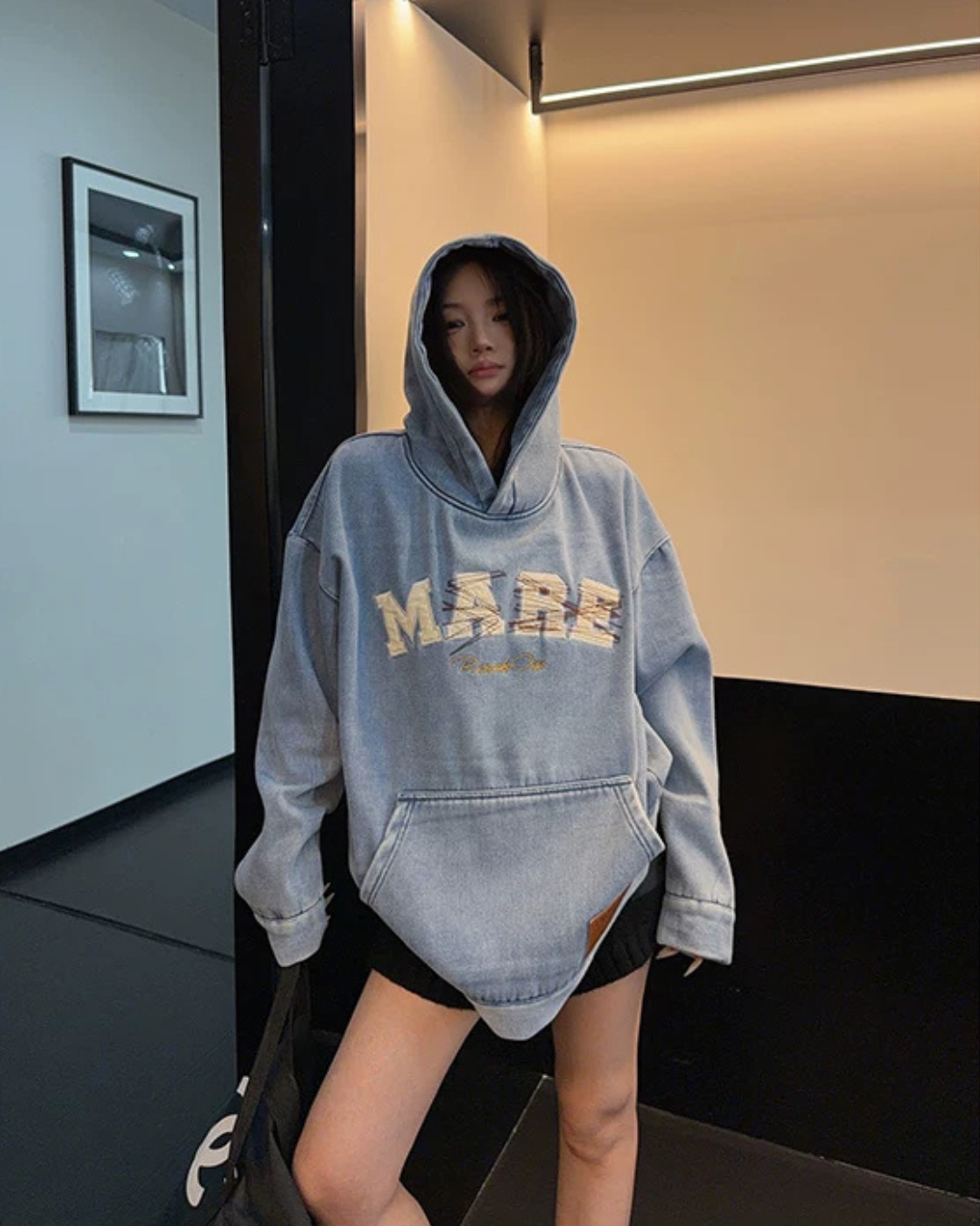 Oversize Retro Embroidered Denim Hoodie YLS1077