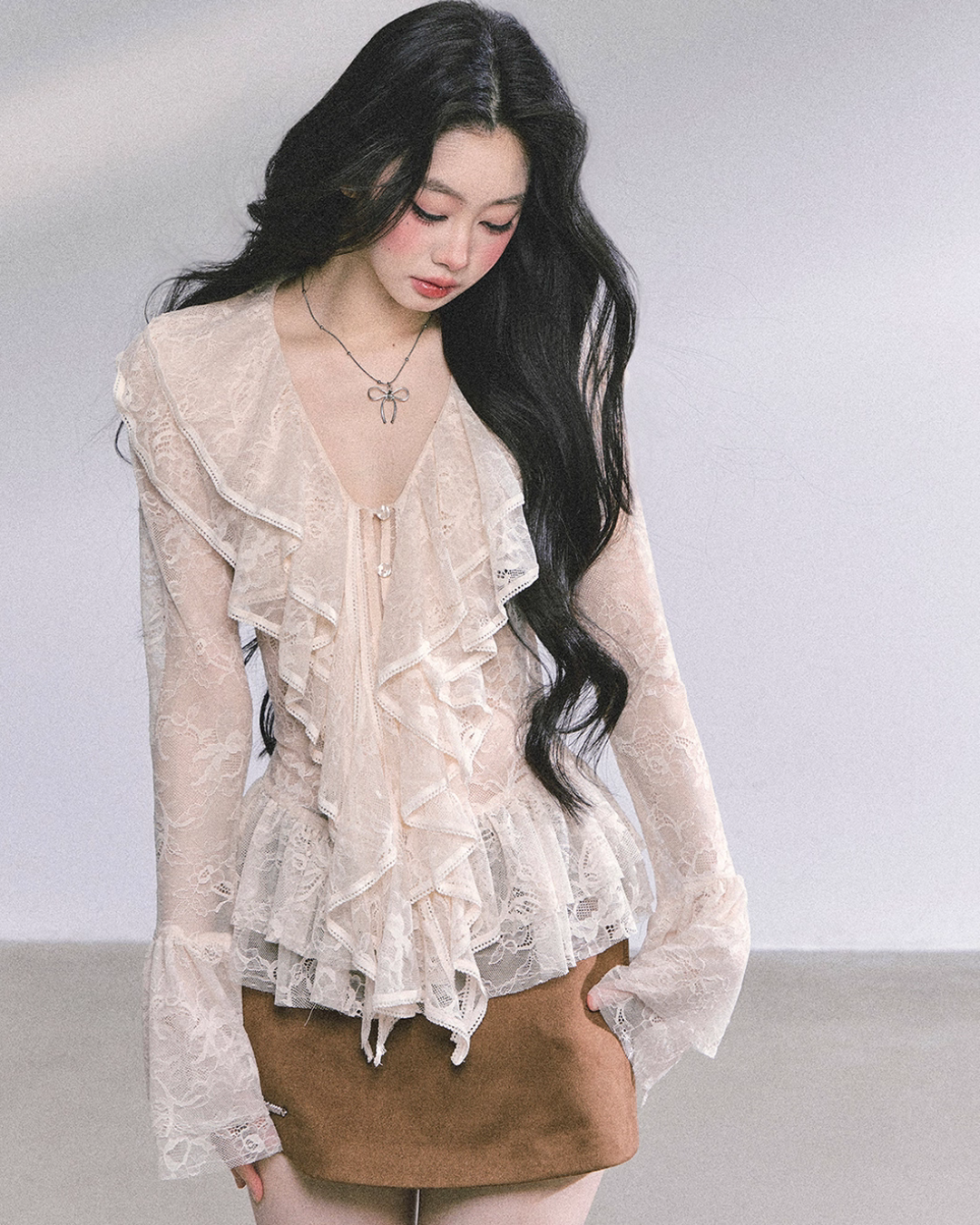 Wool Blazer Jacket/Mini Skirt/Frill Lace Blouse LAS0042