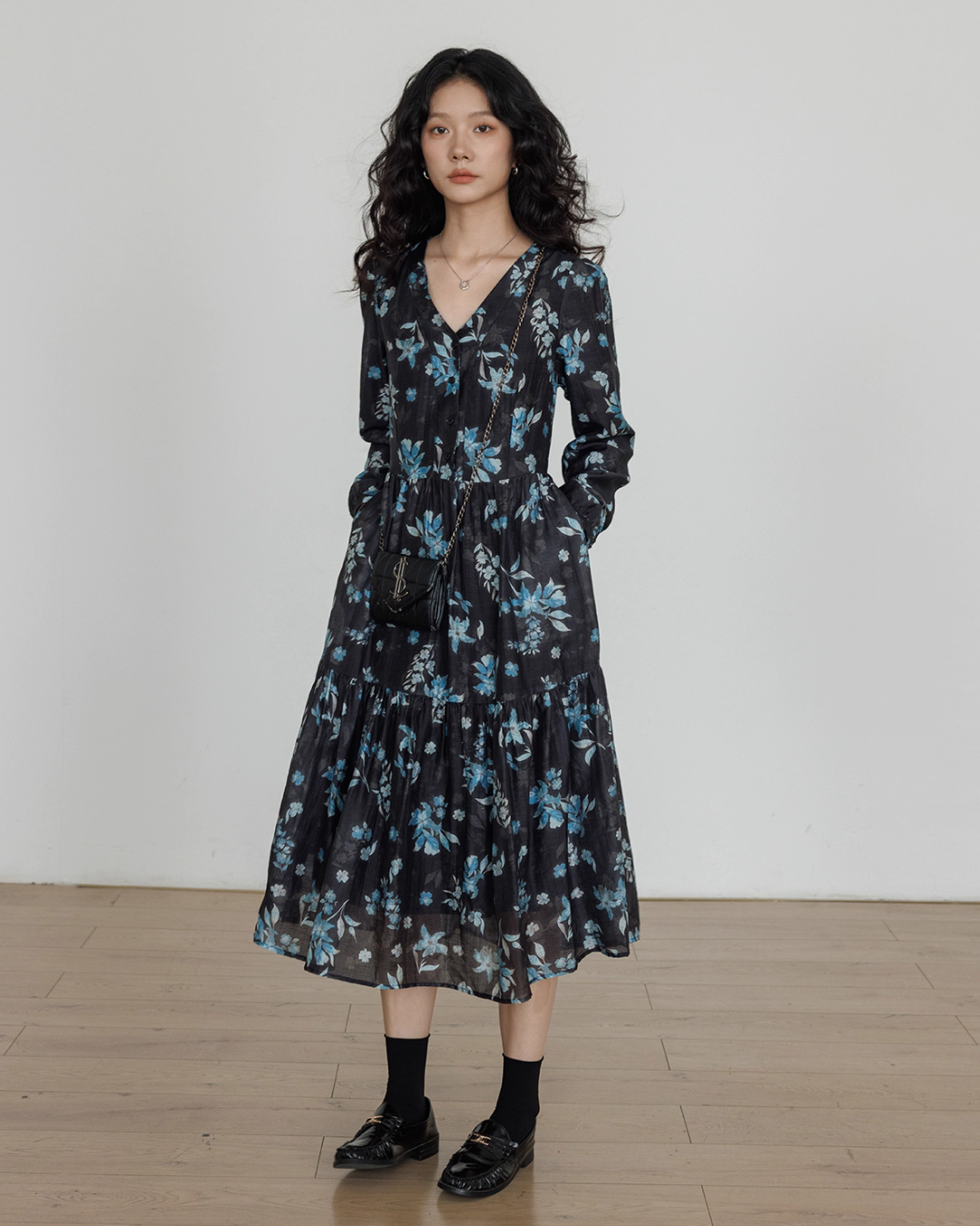 V-Neck Linen Print Elegant Dress VAS0151