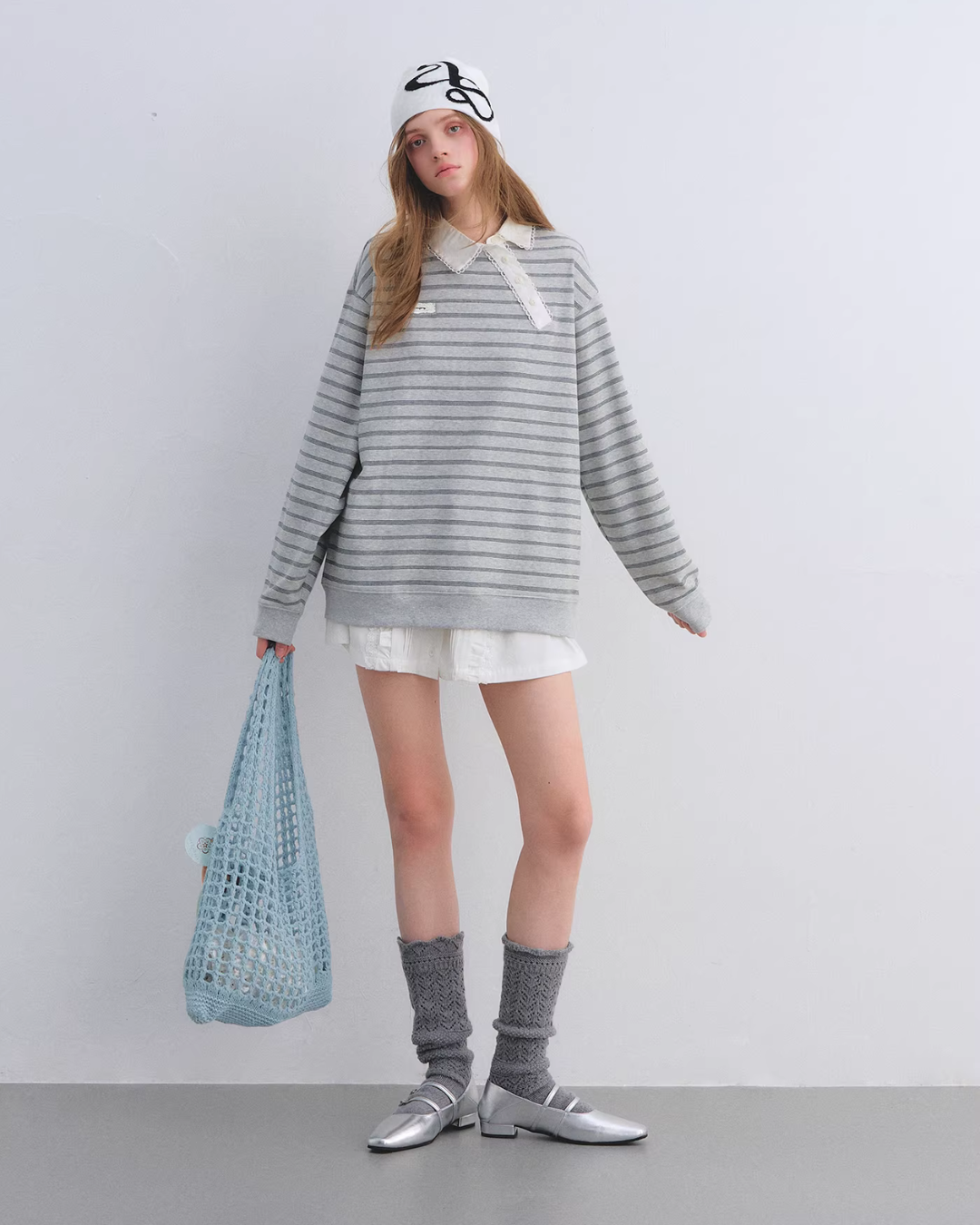Button Lace Collar Striped Top ASG0085
