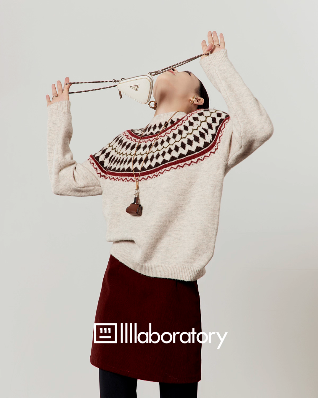 Nordic Crew Neck Knit/Suede Mini Skirt LLA0567