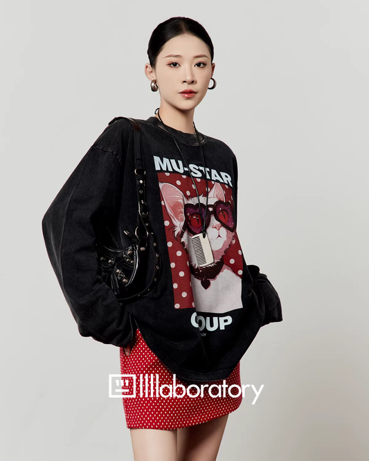 Cat Print Long Sleeve T-shirt / Polka Dot Mini Skirt LLA0593