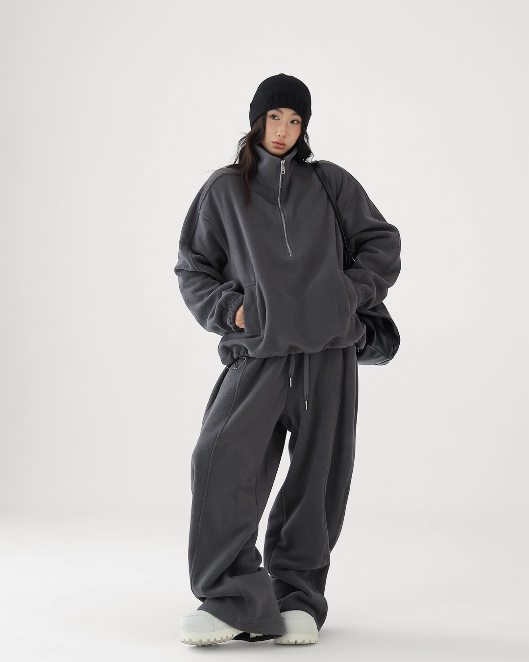 Half-Zip Stand Collar Fleece Top / Wide-Leg Sweatpants ACS0300
