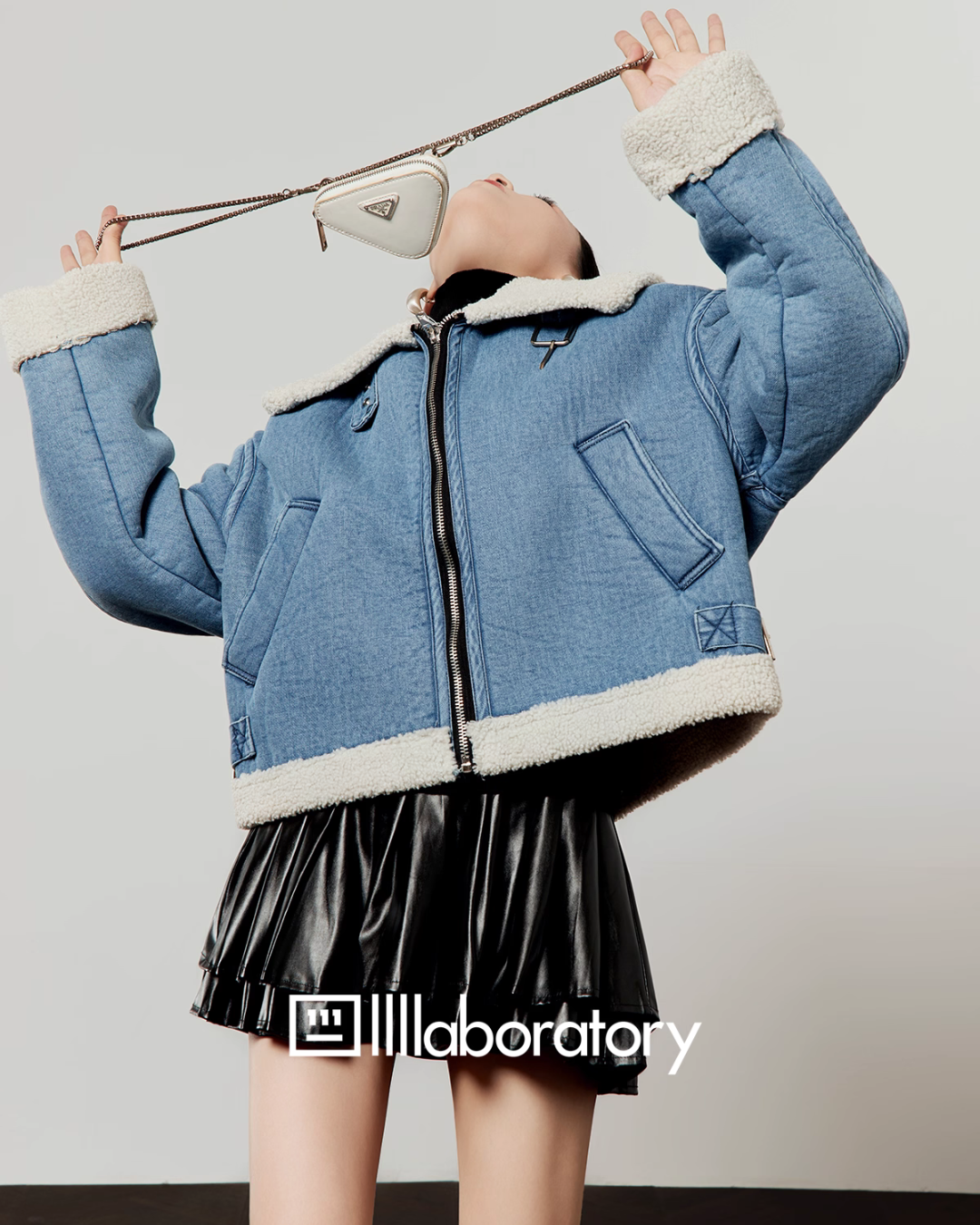 Denim Mouton Jacket / Leather Tiered Skirt  LLA0569