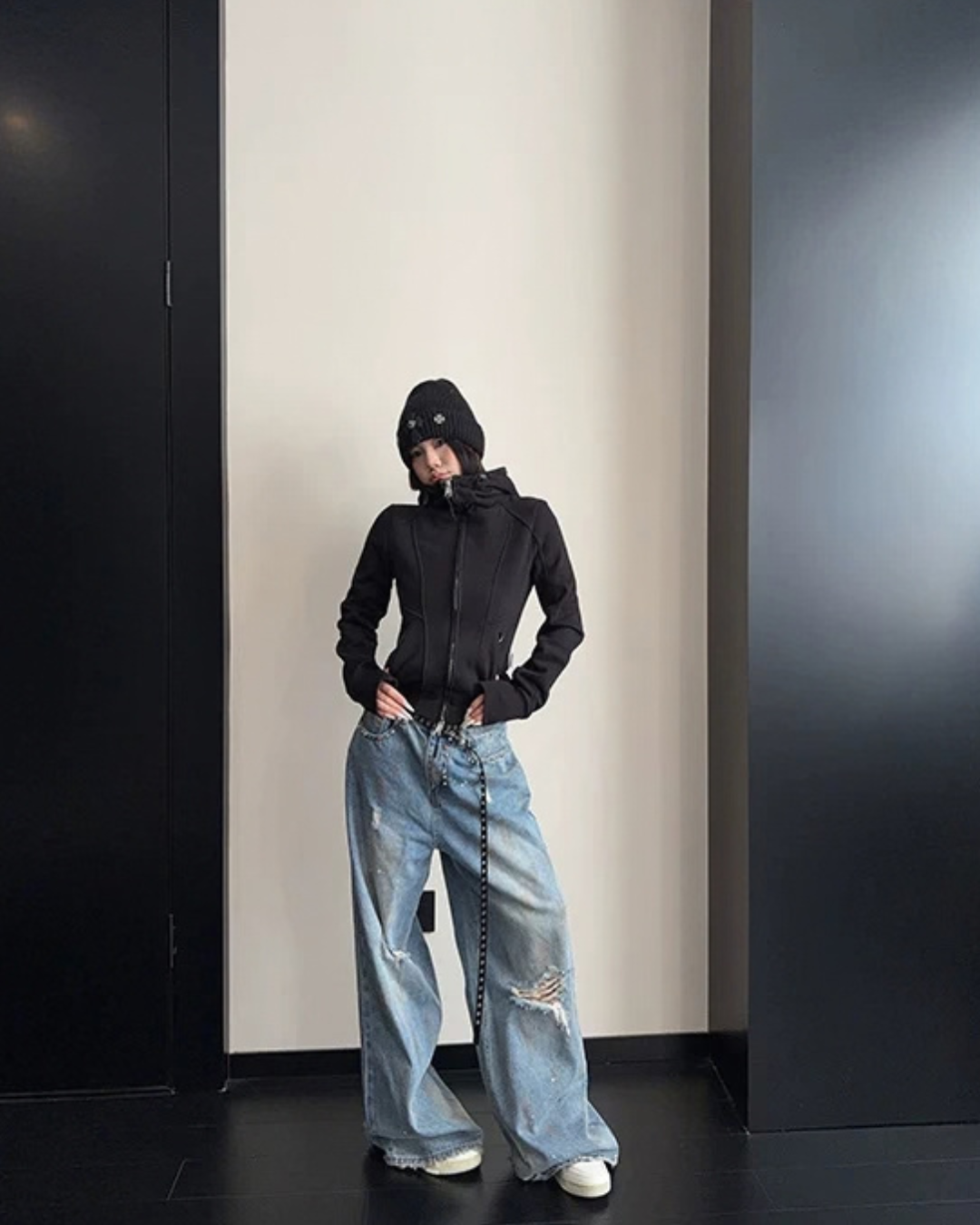 High-Neck Hooded Zip-Up Hoodie YLS1057