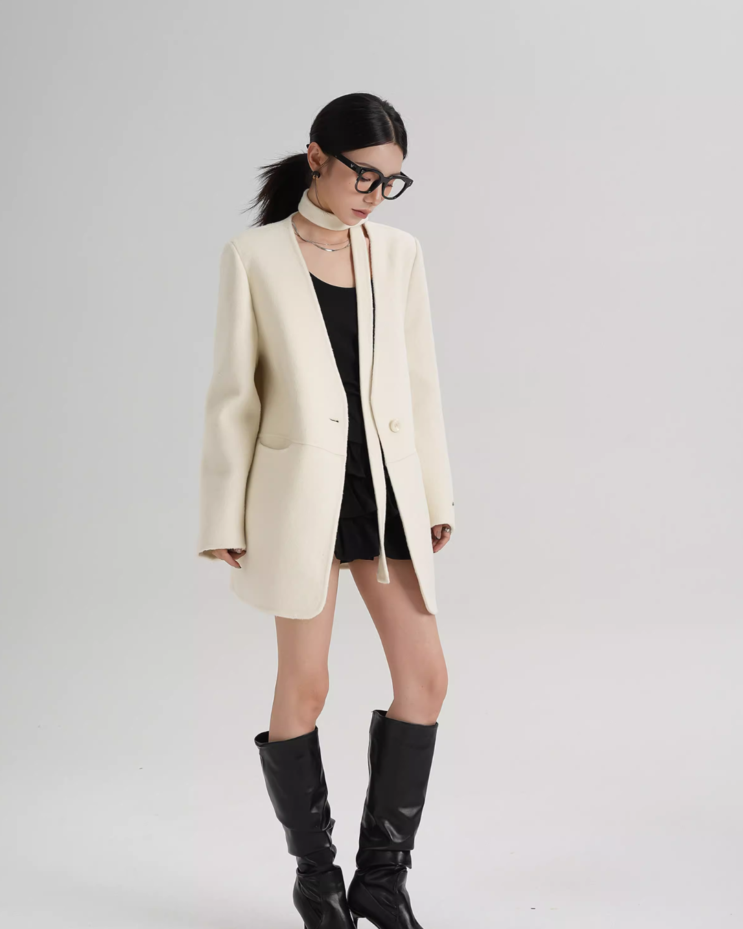 Collarless Wool Coat with Choker SRS0393