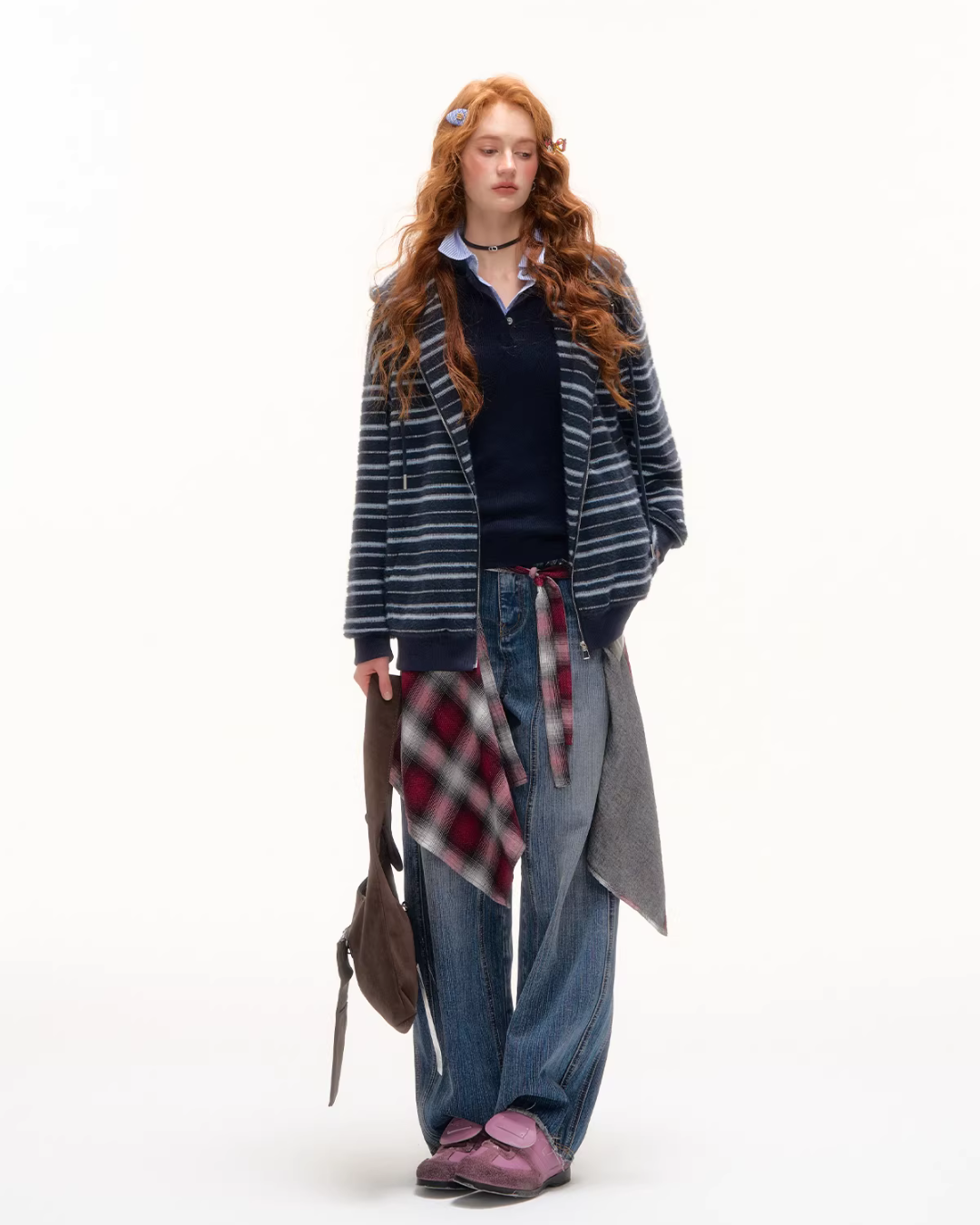 Striped Cat Ear Hoodie / Layered-Style Design Shirt ASG0076