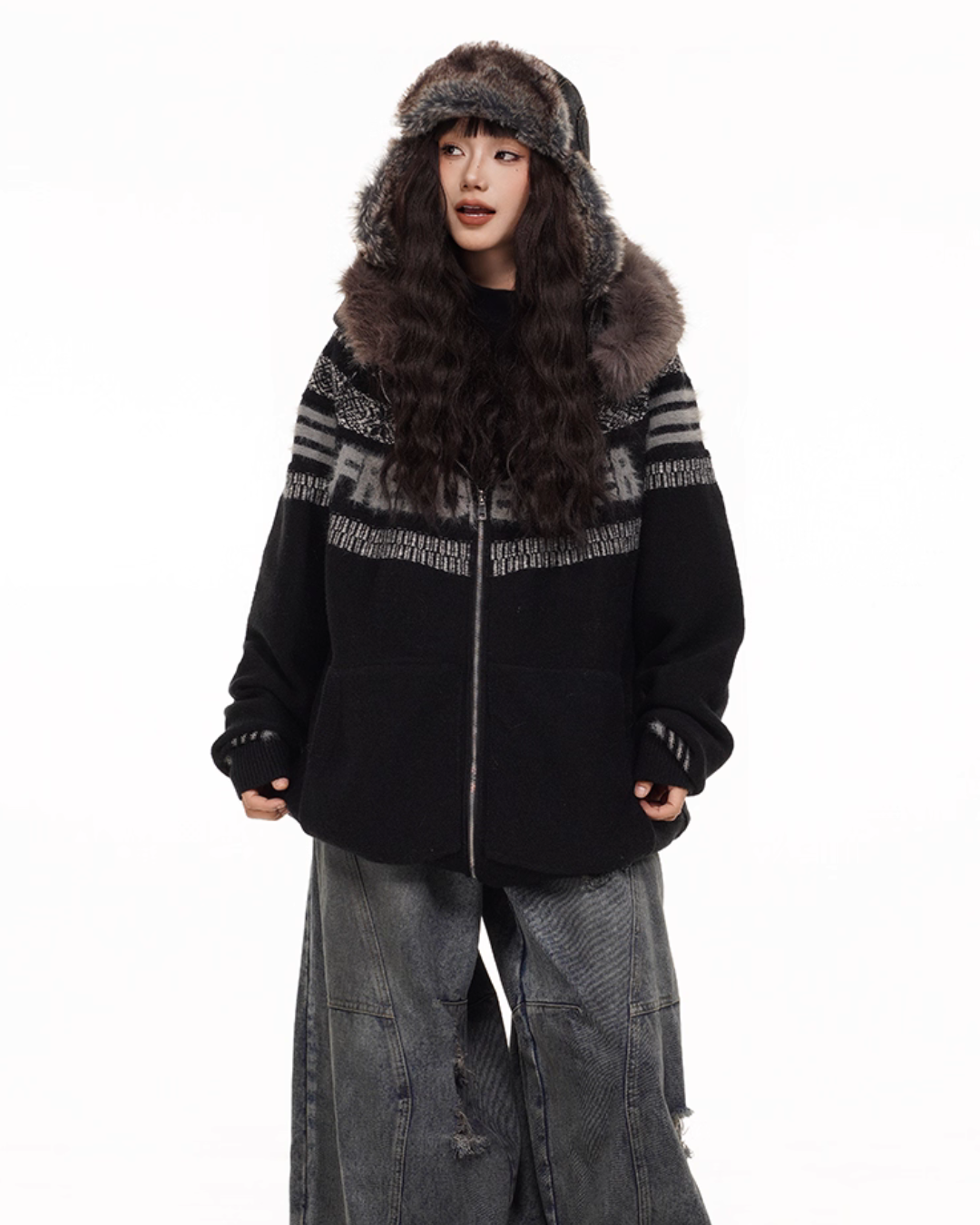 Fur Hood Retro Knit Cardigan FEC0002