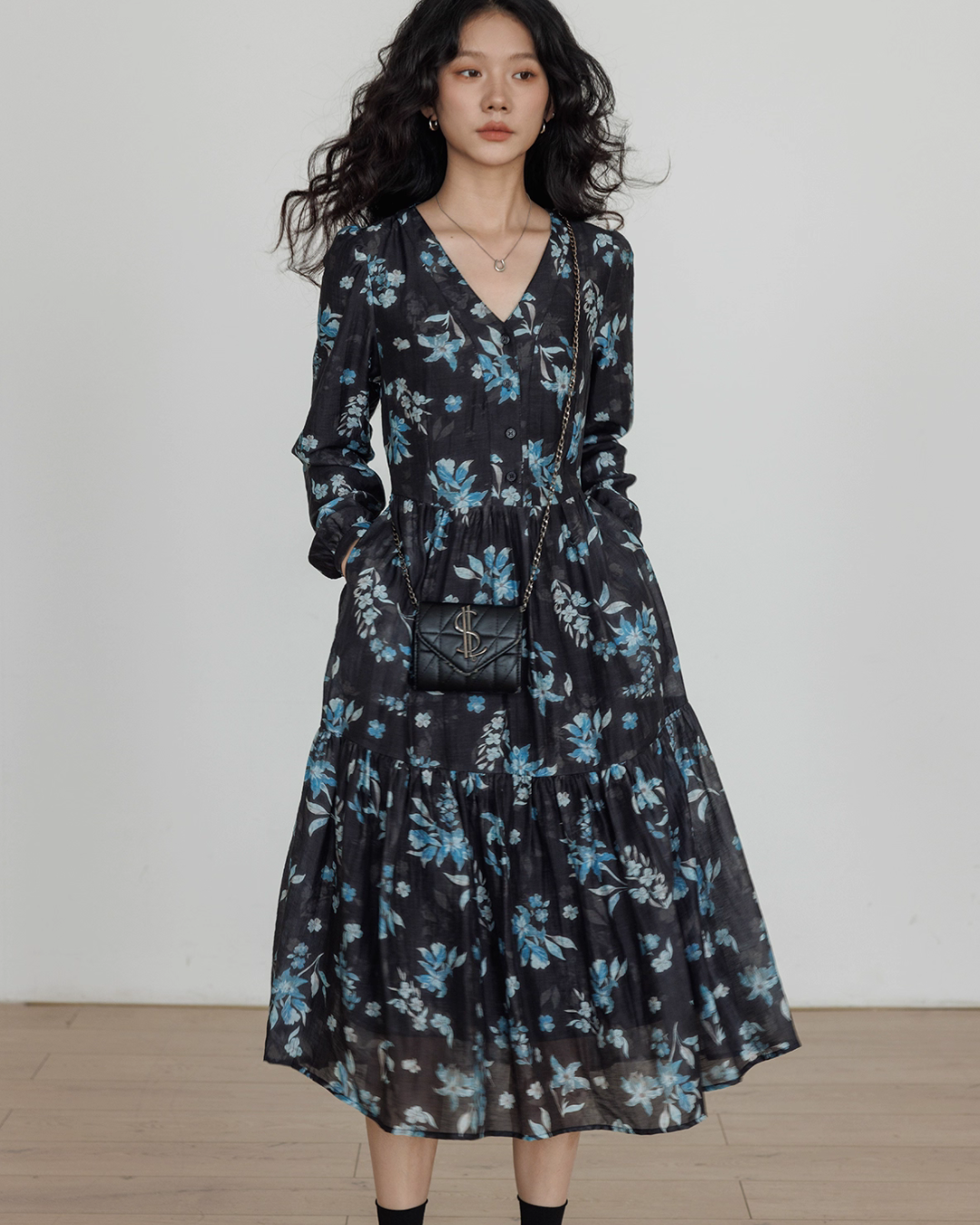 V-Neck Linen Print Elegant Dress VAS0151