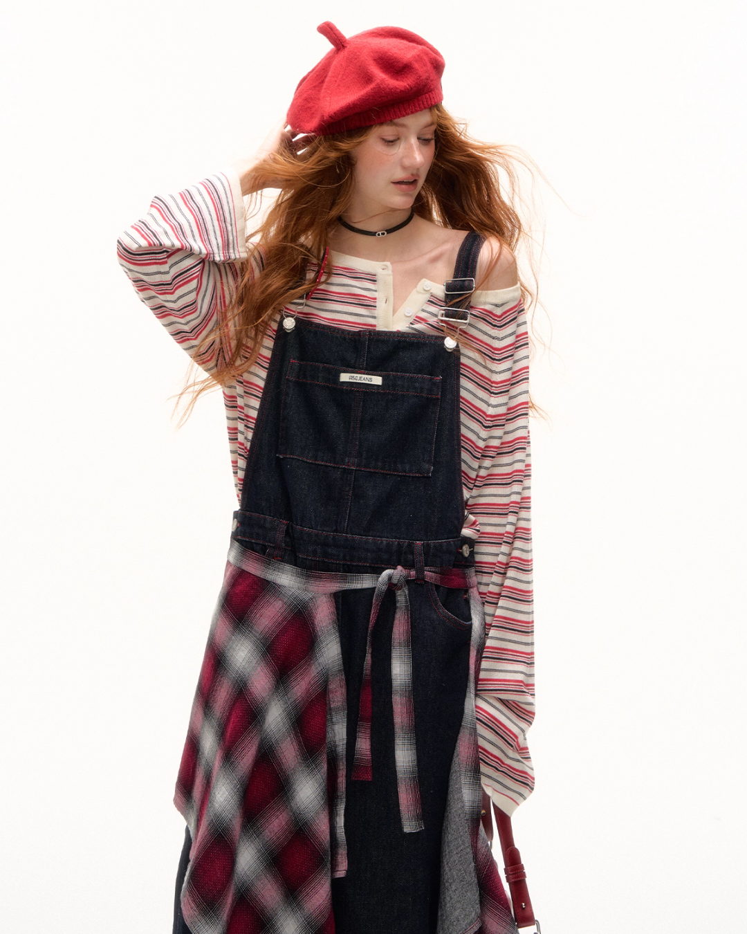 Half Button Border Top / Wide-Leg Denim Overalls ASG0053