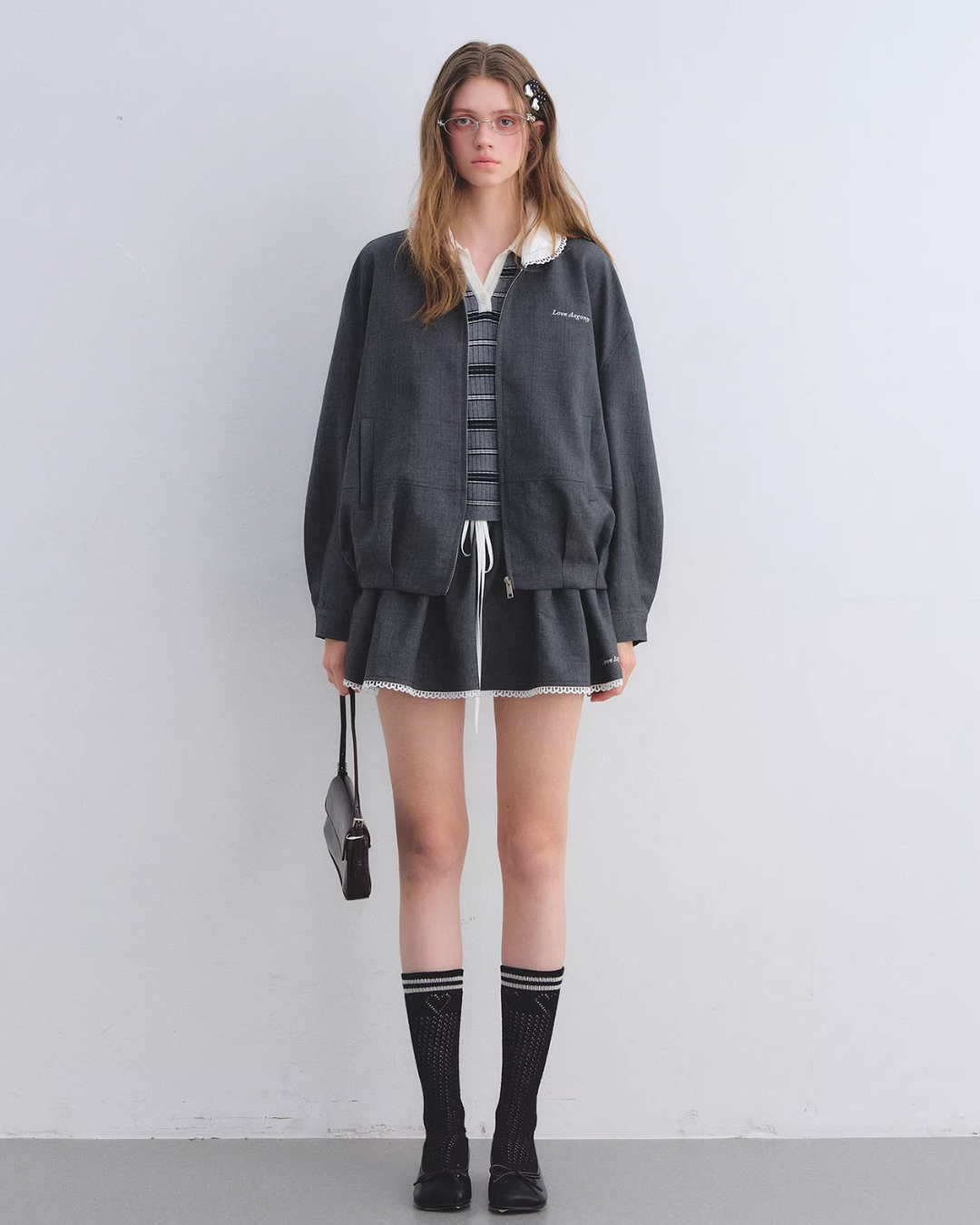 Lace Collar Zip Jacket / Flared Mini Skirt ASG0084