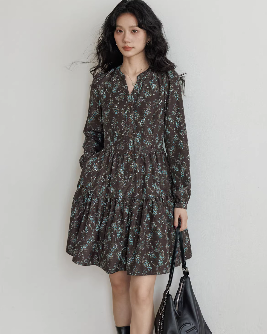 V-Neck Printed Waist Shirt Dress VAS0194