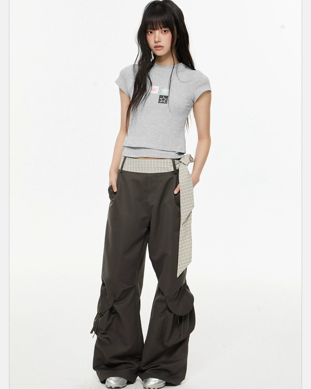 Gingham Sash Belt Wide Cargo Pants EZK0104