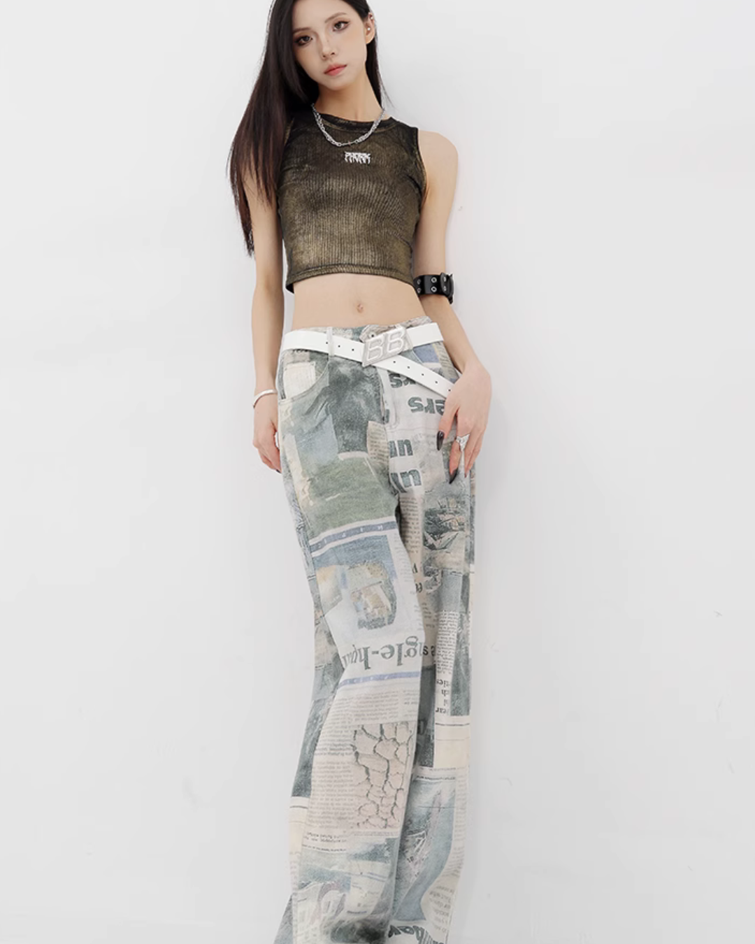 News Paper Print Wide Pants KNH0005