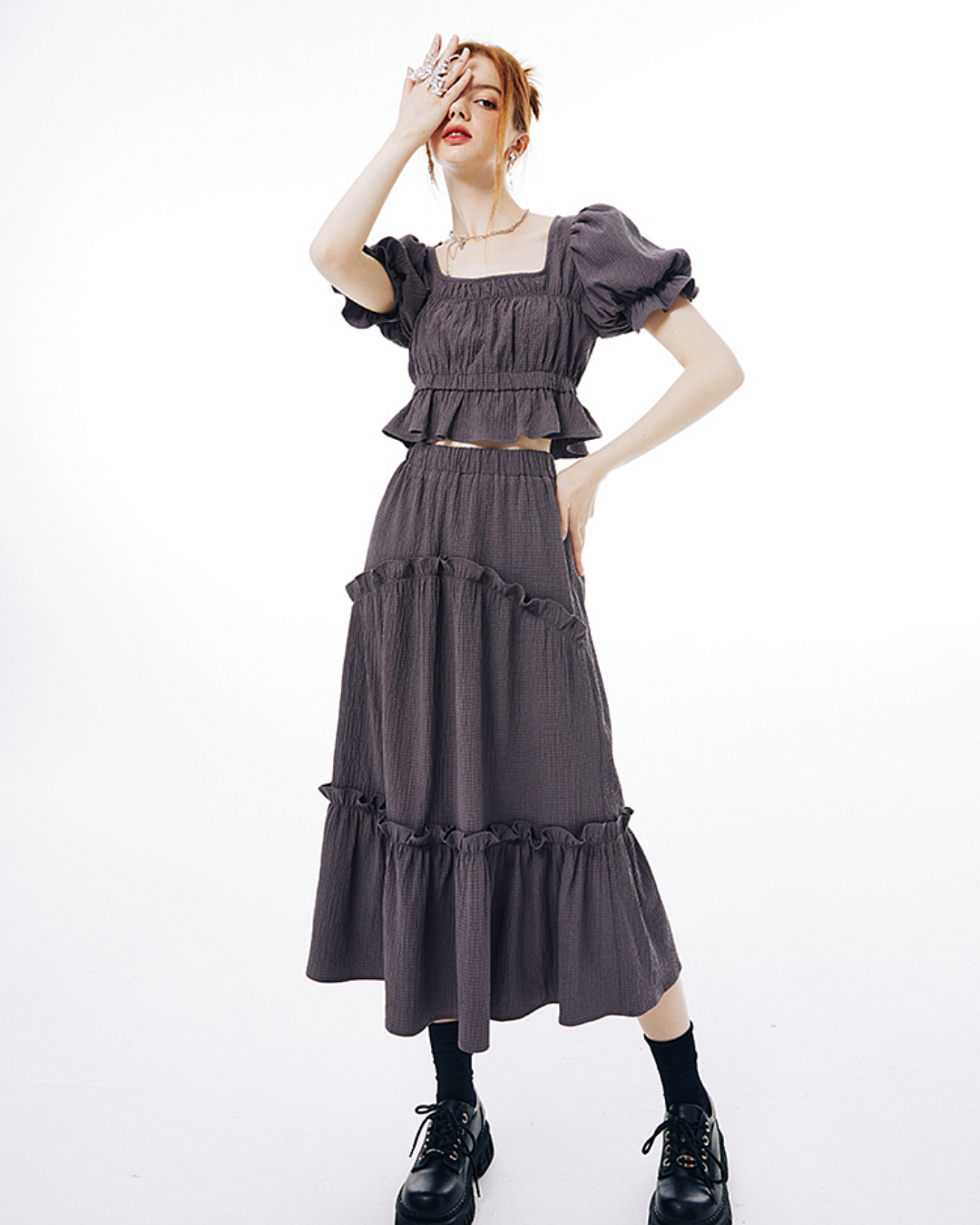 Balloon Sleeve Ruffle Dress IMO0065