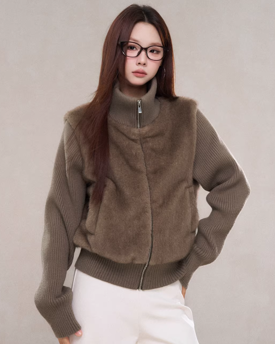 Stand Collar Fur Knit Jacket WDB0005
