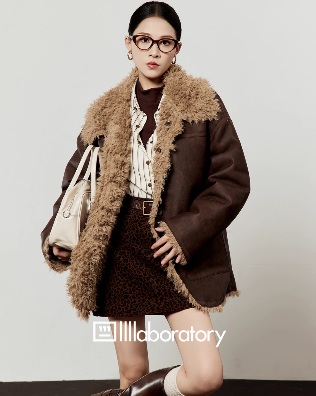 Faux Mouton Coat / Leopard Print Mini Skirt LLA0557