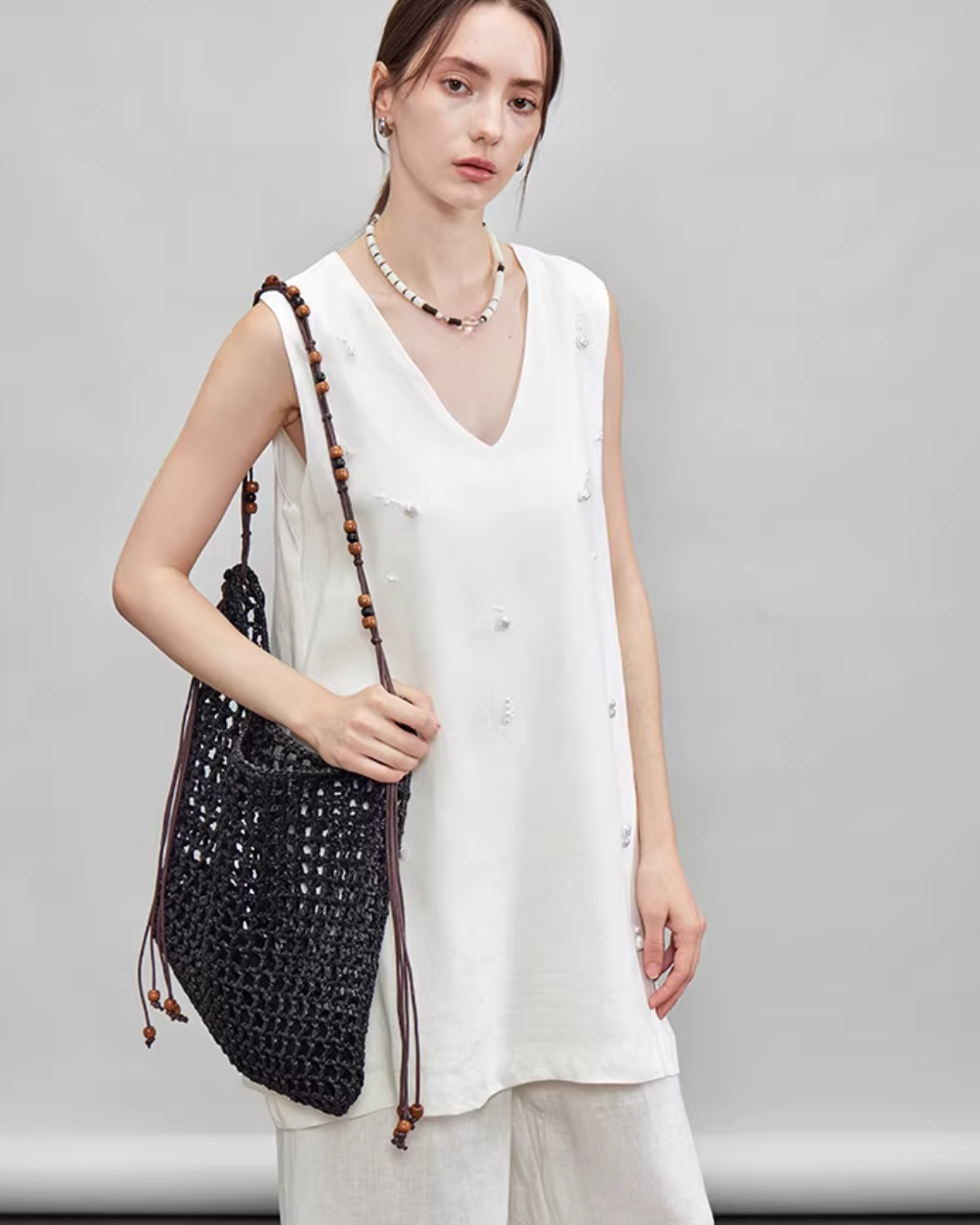 V-Neck Linen Sleeveless / Straight Linen Wide Pants TEO0012