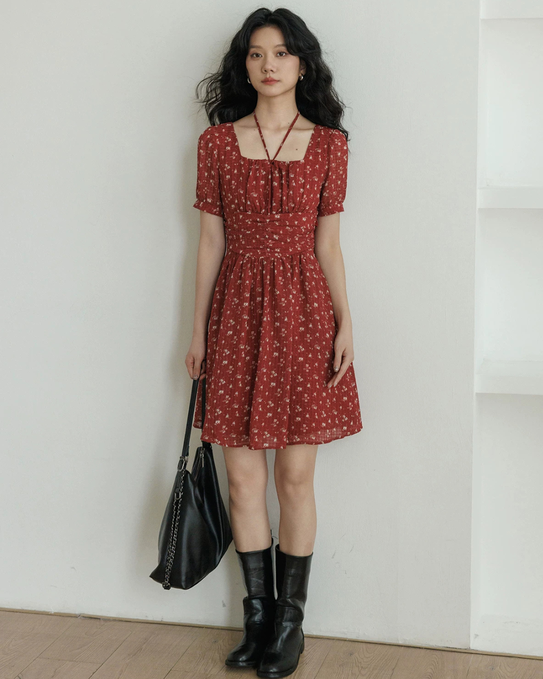 Square Neck Flower Mini Dress VAS0195