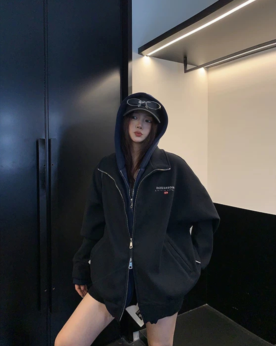 Labeled Button Double Zip Hoodie YLS1076