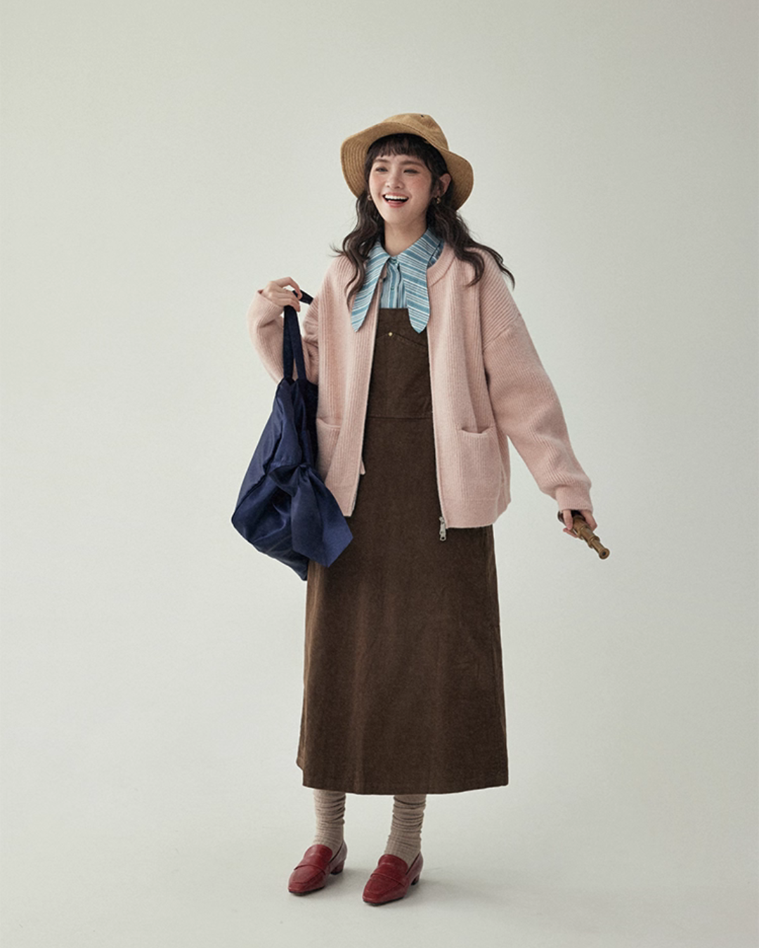 Blue Stripe Shirt / Wide Denim Pants / Corduroy Overall Skirt AMU0033