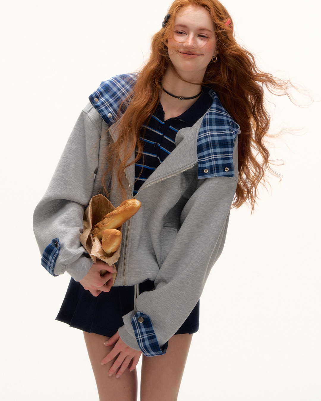 Plaid Patched Hood Jacket / Long Sleeve Top / Denim Pants ASG0048