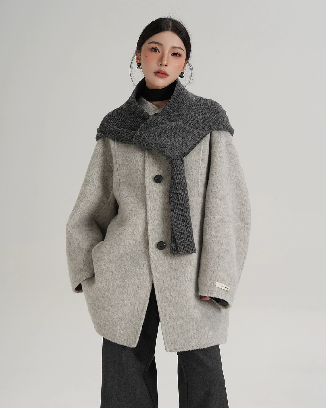 Hood Scarf Mid Length Wool Coat SRS0358