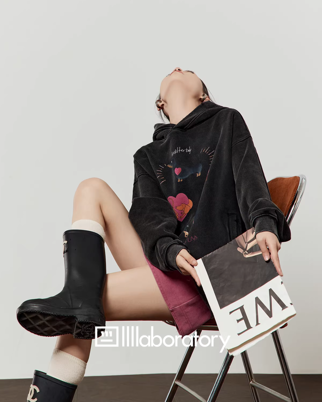 Dog Print Retro Hoodie / Pink Mini Skirt LLA0590