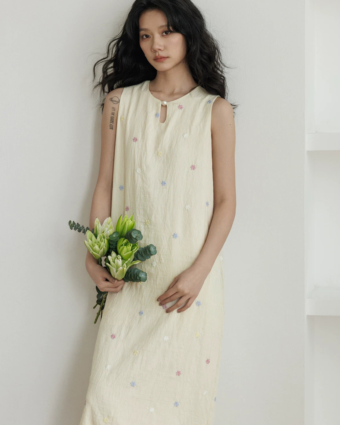 Flower Embroidery Pearl Button Long Dress VAS0203