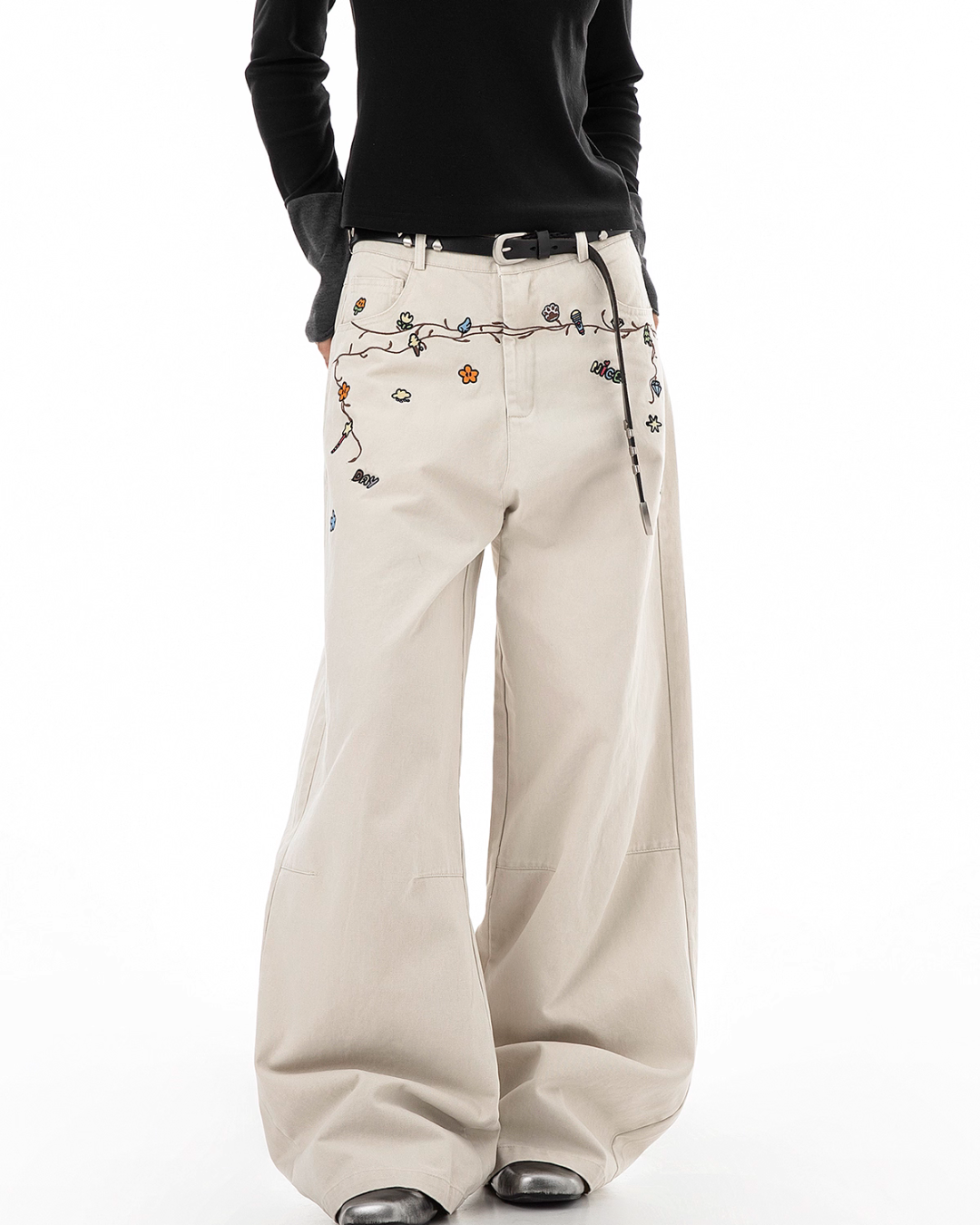 Floral Embroidery Wide Denim Pants ICM0116