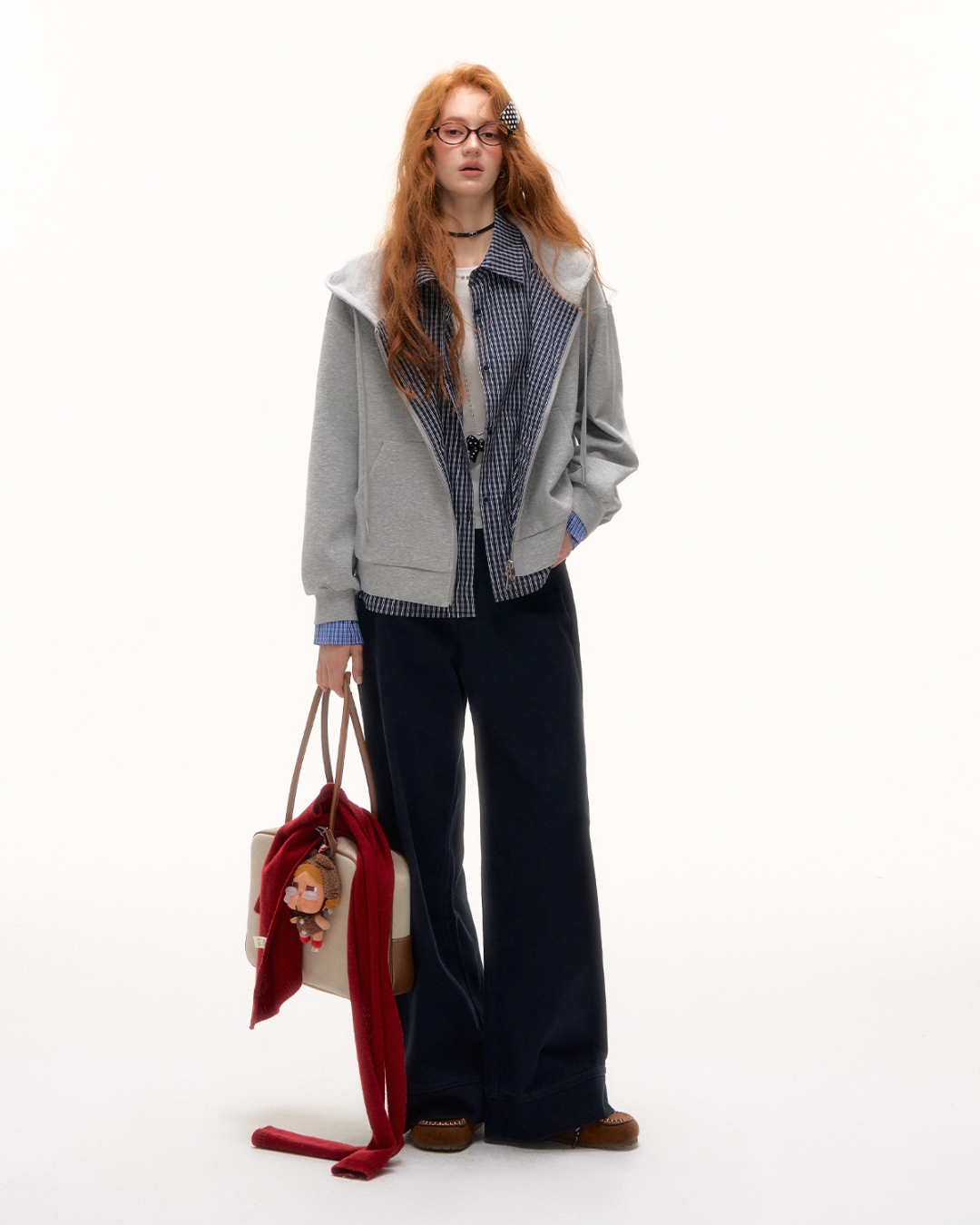 Plaid Spliced Hood Hoodie / Mini Skirt / Flare Pants ASG0066