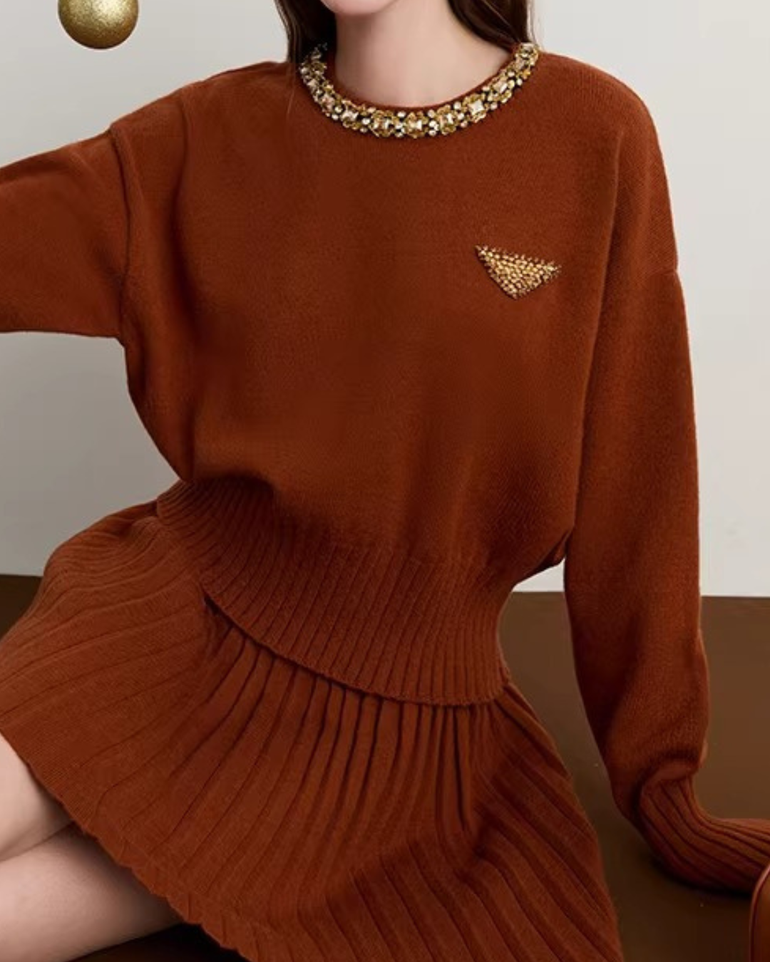 Sparkling Collar Knit Top / Knit Pleated Skirt DPY0075