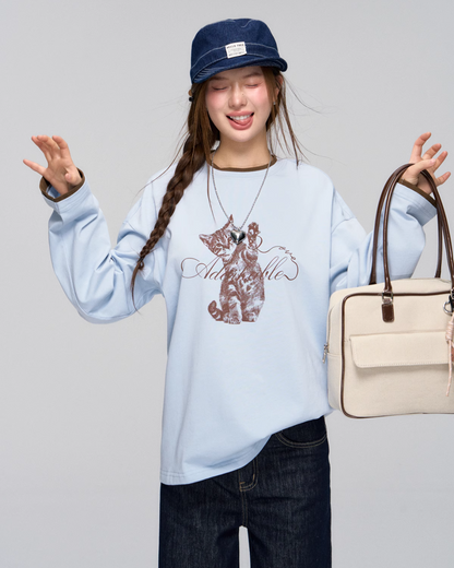 Cat Print Crewneck T-Shirt ASG0037